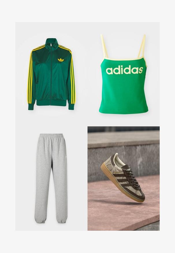 Veste de survêtement en satin vert, fermeture éclair devant, col haut, design à trois rayures jaunes sur les manches, et un petit logo jaune sur la poitrine.; Débardeur vert avec des accents jaunes, fabriqué dans un matériau extensible. Présente un grand logo "adidas" jaune sur le devant et des bretelles fines.; Pantalon de survêtement gris clair avec taille et poignets élastiques, poches latérales et petit logo blanc sur la partie supérieure de la cuisse.; Baskets Adidas marron et beige avec motif serpent, semelle en gomme et texte « SPEZIAL » flottant au-dessus d'une surface en pierre en extérieur.