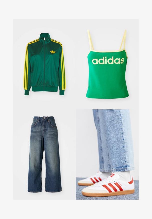 Grüne Satin-Trainingsjacke, mit Reißverschluss vorne, hohem Kragen, gelbem Drei-Streifen-Design an den Ärmeln und kleinem gelben Logo auf der Brust.; Grünes Tanktop mit gelben Akzenten, aus dehnbarem Material. Lieferumfang: großes gelbes "adidas"-Logo auf der Vorderseite und dünne Träger.; Weite Jeans mit mittlerem Blauton, ausgestattet mit Fronttaschen, einem Knopf- und Reißverschluss sowie dezenten Ausbleichungen an den Oberschenkeln.; Weiße Leder Sneaker mit roten Streifen und Akzenten. Verfügt über eine strukturierte Gummi-Laufsohle und einen gepolsterten Schaft. Tragen mit hellblauer Jeans.