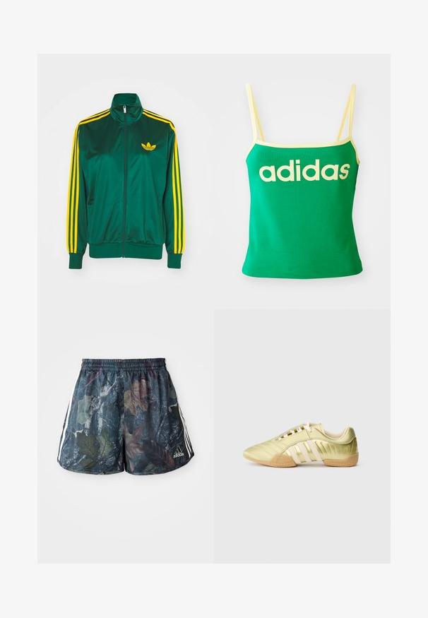 Chaqueta de pista satinada verde, con cremallera en la parte delantera, alto cuello, diseño de tres rayas amarillas en las mangas y un pequeño logo amarillo en el pecho.; Top verde con detalles amarillos, hecho de material elástico. Presenta un gran logo de "adidas" amarillo en el frente y tirantes delgados.; Shorts para adultos con un patrón de hojas multicolores sobre un fondo oscuro, con una cintura elástica y rayas laterales en blanco.; Zapatilla deportiva sintética de color verde lima con una textura suave, que presenta tres franjas blancas, un forro interior suave y una suela exterior de goma texturizada.