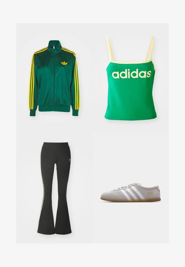 Grüne Satin-Trainingsjacke, mit Reißverschluss vorne, hohem Kragen, gelbem Drei-Streifen-Design an den Ärmeln und kleinem gelben Logo auf der Brust.; Grünes Tanktop mit gelben Akzenten, aus dehnbarem Material. Lieferumfang: großes gelbes "adidas"-Logo auf der Vorderseite und dünne Träger.; Schwarze ausgestellte Leggings aus Stretchmaterial mit hohem Bund und weißen Seitenstreifen. Inklusive kleinem Logo am Bund.; Graue Wildleder-Sneaker mit weißen Lederstreifen und goldenen Logodetails. Flache Gummisohle, abgerundete Zehenpartie und klassisches Schnürverschlussdesign.