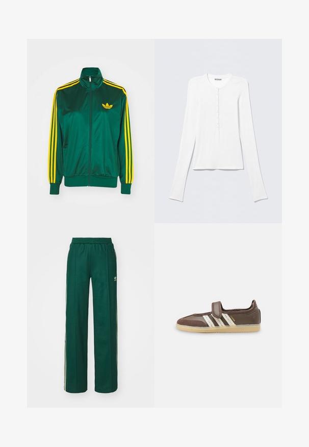 Veste de survêtement en satin vert, fermeture éclair devant, col haut, design à trois rayures jaunes sur les manches, et un petit logo jaune sur la poitrine.; Chemise Henley blanche à manches longues avec col rond et une rangée verticale de petits boutons au centre devant.; Pantalons de sport vert foncé avec une coupe décontractée, dotés d'une taille à cordon, de poches latérales et de bandes crème sur les côtés.; Baskets marron avec semelle en caoutchouc beige, trois bandes blanches sur le côté et une seule bride Velcro sur le dessus.