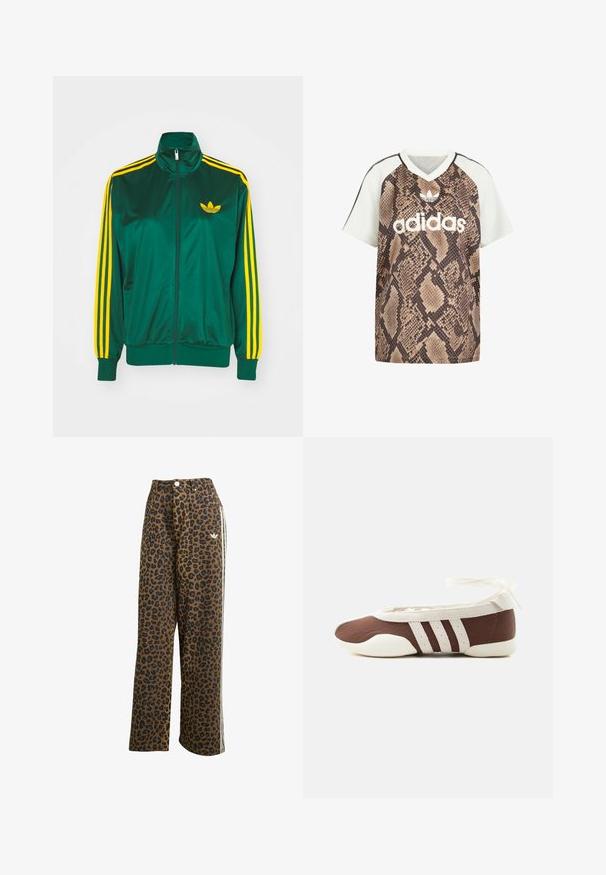 Grøn satin trackjakke, lynlåsfortil, høj krave, gul tre-stripes design på ærmerne og et lille gult logo på brystet.; Adidas kortærmet V-hals shirt med hvide ærmer og brun slangeprint krop, med hvid Adidas-logo og trefoil-emblem foran.; Leopardprint vide bukser i brun med sorte pletter, med høj talje og hvide sideløsninger, lavet af bomuldsstof.; Brun og hvid balletflad sko med tre hvide striber og ankelbånds sløjfe på en ensartet lys baggrund.