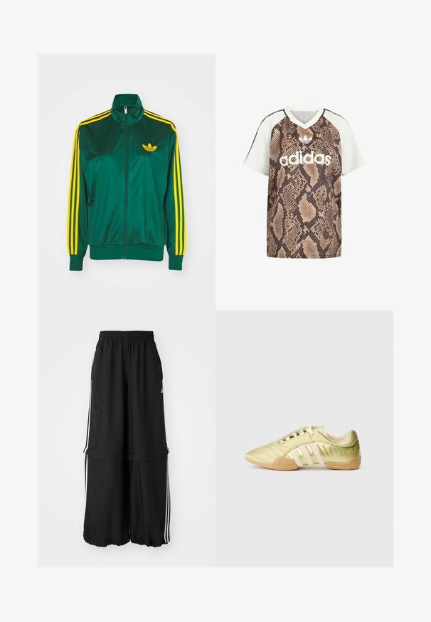 Grøn satin trackjakke, lynlåsfortil, høj krave, gul tre-stripes design på ærmerne og et lille gult logo på brystet.; Adidas kortærmet V-hals shirt med hvide ærmer og brun slangeprint krop, med hvid Adidas-logo og trefoil-emblem foran.; Sorte atletiske bukser med elastisk talje, sidelæns striber og en løs pasform med en samlet kant for en luftig silhuet.; Limegrøn syntetisk sportssko med en glat tekstur, der har tre hvide striber, en blød indvendig foring og en tekstureret gummiydersål.