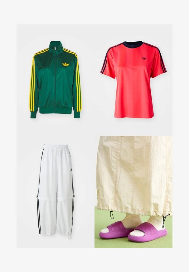 Grøn satin trackjakke, lynlåsfortil, høj krave, gul tre-stripes design på ærmerne og et lille gult logo på brystet.; Rød sports t-shirt med korte ærmer, der har lodrette striber, en marineblå rund hals og et lille sort logo på forsiden.; Hvide sportbukser med en afslappet pasform, elastisk talje og sorte sidelæg. Har lynlåslommer og elastiske afslutninger ved anklerne.; Lilla gummisandaler med et tekstureret bånddesign, båret over cremefarvede sokker, parret med en lys beige nederdel. Grønne gulv.