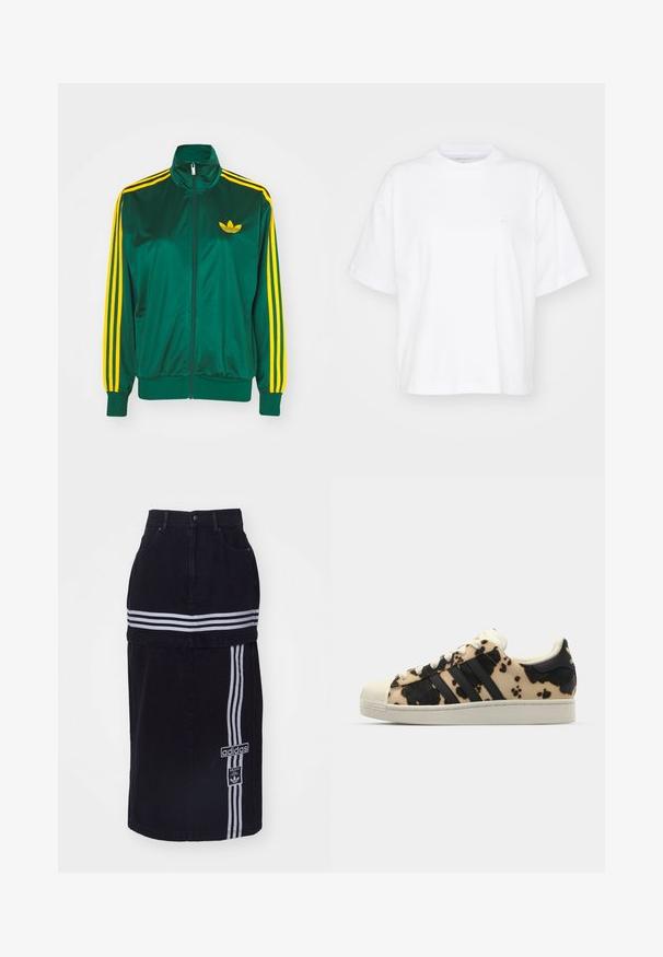 Grøn satin trackjakke, lynlåsfortil, høj krave, gul tre-stripes design på ærmerne og et lille gult logo på brystet.; Hvid bomulds t-shirt med rund hals, korte ærmer og en afslappet pasform. Har et diskret logo på venstre brystområde. Glat tekstur.; Sort denimnederdel med høj talje, der har to hvide vandrette striber, et Adidas-logo på siden og et lige snit.; Sko med koshudsmønster i beige og sort, tre sorte striber, hvid gummitå, og struktureret sål. Har snørebånd og branding.