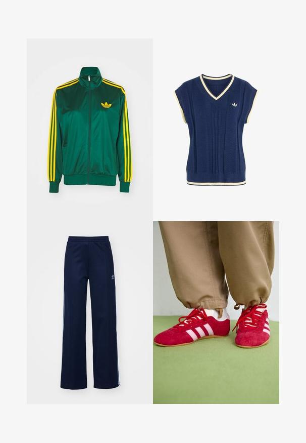 Grøn satin trackjakke, lynlåsfortil, høj krave, gul tre-stripes design på ærmerne og et lille gult logo på brystet.; Marineblå strikket ærmeløs sweatervest med hvid kant på V-hals, ærmegab og kant, med lille hvid Adidas-logo på brystet.; Marineblå bomuldsblandede træningsbukser med bred benstil, elastisk talje og lynlåslommer, prydet med hvide sideordner og logo-detalje.; Røde ruskind sportssko med hvide striber, flad gummisål og røde snørebånd. Båret med beige bukser, placeret på en grøn overflade.