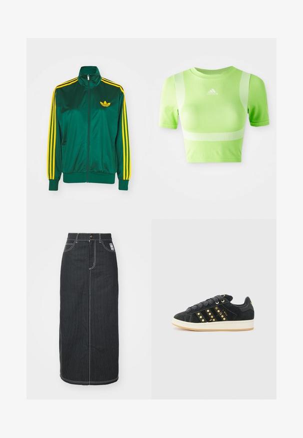 Grøn satin trackjakke, lynlåsfortil, høj krave, gul tre-stripes design på ærmerne og et lille gult logo på brystet.; Kappet atletisk skjorte i lys grøn stof. Har korte ærmer, rund hals og hvidt diagonalt stribemønster på skuldrene. adidas-logo på fronten.; Sort denim midi-nederdel med hvide lodrette striber. Har en knapliv, to forlommer og kontrastsyninger. Lige snit design.; adidas Originals CAMPUS 00S W - Sneakers - core black/carbon/gold-coloured