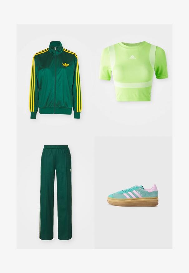 Grøn satin trackjakke, lynlåsfortil, høj krave, gul tre-stripes design på ærmerne og et lille gult logo på brystet.; Kappet atletisk skjorte i lys grøn stof. Har korte ærmer, rund hals og hvidt diagonalt stribemønster på skuldrene. adidas-logo på fronten.; Mørkegrønne træningsbukser med en afslappet pasform, der har snor i taljen, sidelommer og cremefarvede striber langs siderne.; adidas Originals GAZELLE BOLD - Sneakers - powder teal/bliss lilac/pure teal