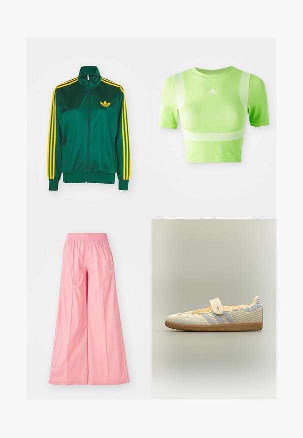 Chaqueta de pista satinada verde, con cremallera en la parte delantera, alto cuello, diseño de tres rayas amarillas en las mangas y un pequeño logo amarillo en el pecho.; Camiseta deportiva recortada de tejido verde brillante. Presenta mangas cortas, cuello redondo y un patrón de rayas diagonales blancas en los hombros. Logo de adidas en el frente.; Pantalones de pierna ancha en color rosa, hechos de un tejido ligero, con una cintura elástica y sutiles rayas blancas en los laterales. Pequeño logotipo en la parte delantera.; Zapato Mary Jane de color crema con rayas azul claro, cierre de velcro y suela de goma frente a un fondo liso.