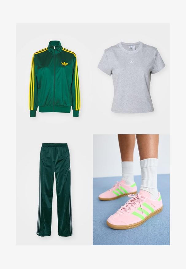 Roheline satiinist spordijakk, lukuga ees, kõrge kaelus, kollased kolm triipu disainis varrukatel ning väike kollane logo rinnal.; adidas Originals ESS SLIM TEE - Lihtne T-särk - medium grey heather; Tumedad roheline sportpants, mis on valmistatud läikivast materjalist, külgedel on heledates hallides triipudes ja vasakul jalal on broderdatud logo.; Roosa sametist spordijalatsid, millel on erksad rohelised triibud ja helepruunid kummitald. Omab tekstureeritud materiaali ja lapikud sidumisdetailid.
