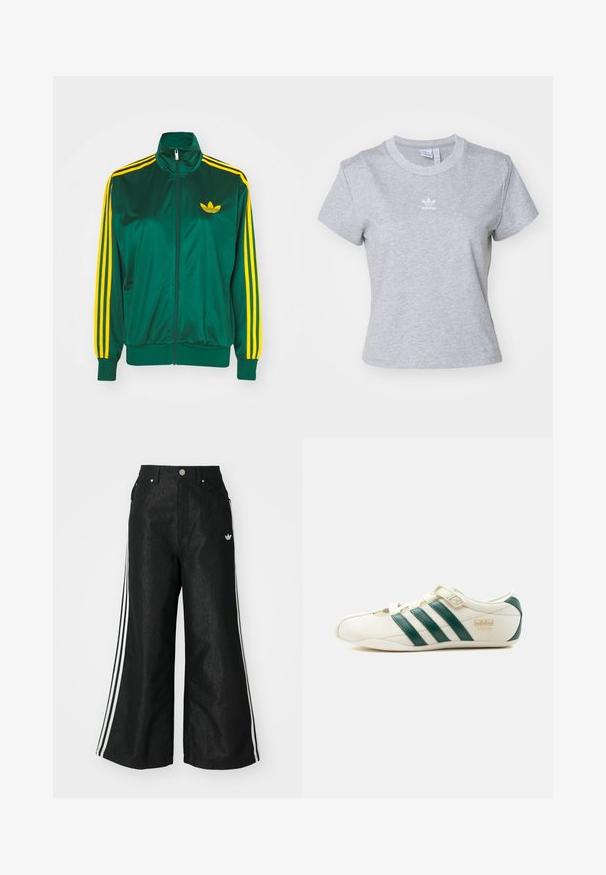 Groene satijnen trainingsjack, met rits aan de voorkant, hoge kraag, gele drie-strepen design op de mouwen en een klein geel logo op de borst.; adidas Originals ESS SLIM TEE - T-shirt basic - medium grey heather; Zwarte denim broek met wijde pijpen, voorzien van drie witte strepen aan elke zijkant en een klein wit logo. Heeft voorzakken en een knoopsluiting.; Witte sneaker met groene strepen, een klittenbandsluiting en de tekst "Tokyo" aan de zijkant, gezien vanaf de buitenkant tegen een witte achtergrond.