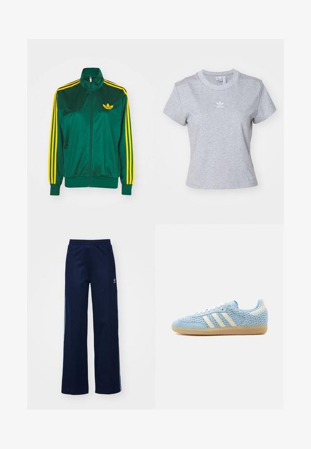 Groene satijnen trainingsjack, met rits aan de voorkant, hoge kraag, gele drie-strepen design op de mouwen en een klein geel logo op de borst.; adidas Originals ESS SLIM TEE - T-shirt basic - medium grey heather; Marineblauwe katoenen joggingsbroek met een brede pijpdesign, elastische tailleband en ritszakken, voorzien van witte zijstrepen en logo-detail.; Lage sneaker met lichtblauwe geweven bovenkant, witte strepen, witte veters, lichtblauwe suède neuskap en een zool van gumrubber.