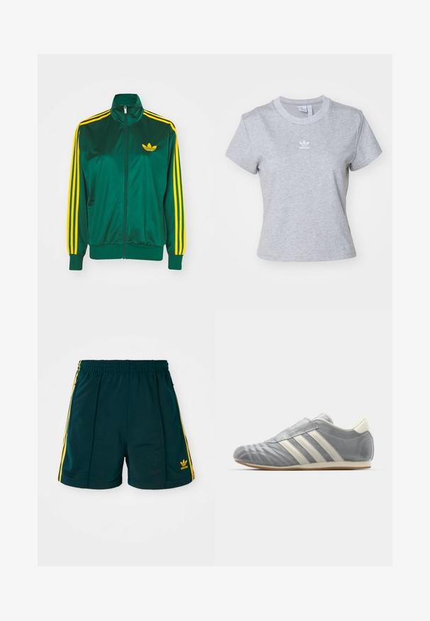 Grøn satin trackjakke, lynlåsfortil, høj krave, gul tre-stripes design på ærmerne og et lille gult logo på brystet.; adidas Originals ESS SLIM TEE - T-shirts basic - medium grey heather; Mørkegrønne sportsshorts med elastisk talje, prydet med gule sidelister og et broderet gult logo på underbenet.; adidas Originals TAEKWONDO W - Sneakers - silver metallic/off white