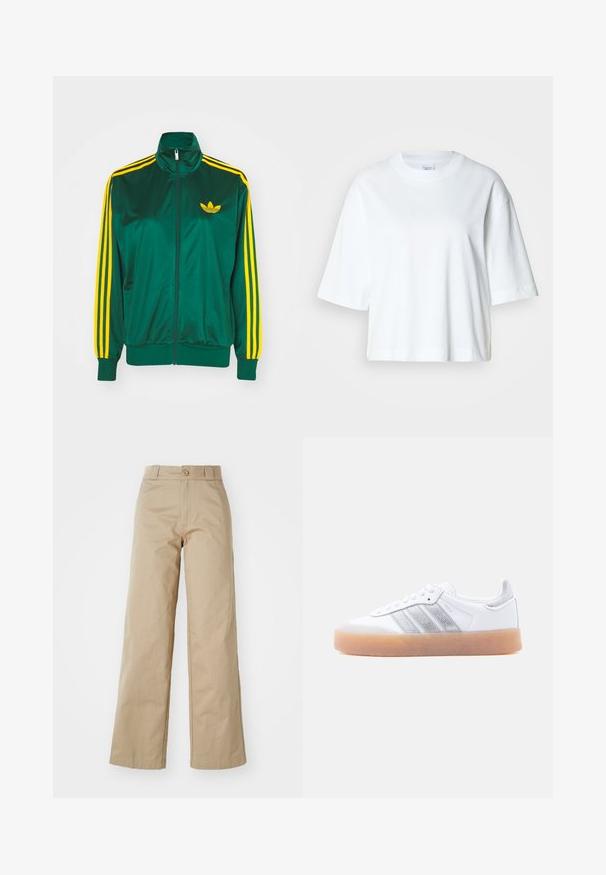 Groene satijnen trainingsjack, met rits aan de voorkant, hoge kraag, gele drie-strepen design op de mouwen en een klein geel logo op de borst.; Witte cropped t-shirt met korte mouwen, ronde hals, gemaakt van zacht katoen, met een eenvoudig en strak ontwerp.; Beige wijde broek van katoen, met een knoopsluiting en riemlussen, met een gladde textuur en een nette afwerking.; Witte lage sneaker met gumzool, zilverkleurige gestreepte zijkanten en veterluiting, afgebeeld tegen een effen lichte achtergrond.