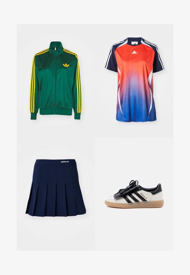 Grøn satin trackjakke, lynlåsfortil, høj krave, gul tre-stripes design på ærmerne og et lille gult logo på brystet.; Adidas kortærmet sports T-shirt med en gradient fra rød til blå, med marineblå akcenter og hvide striber langs skuldrene.; Marineblå plisseret nederdel lavet af letvægtsstof; har en elastisk talje og en lille lynlås-lomme, med et hvidt Adidas-logo på forsiden.; Hvid og sort Adidas Spezial-sneaker med gummisål, sorte striber og sort snørebåndsdække på en ensartet lys baggrund.