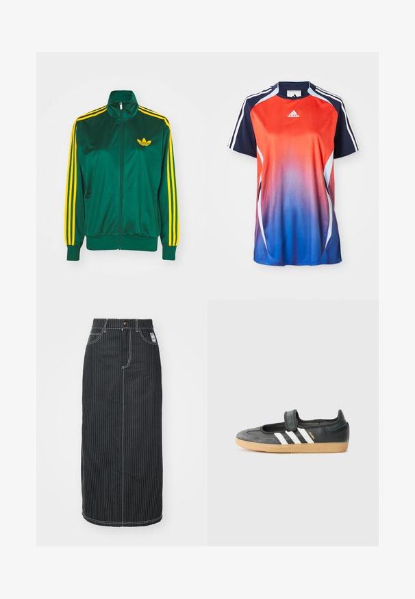 Zelená saténová tréningová bunda, predné zips, vysoký golier, žltý trojprúžkový dizajn na rukávoch a malé žlté logo na hrudi.; Adidas športová košeľa s krátkym rukávom s gradientom od červenej po modrú, s námorníckymi akcentmi a bielymi pruhmi pozdĺž ramien.; Čierna denim midi sukňa s bielymi vertikálnymi pruhmi. Obsahuje pás na gombík, dve predné vrecká a kontrastné šitie. Priamy strih.; Čierne kožené a zamšové tenisky s Velcro pásikom, s tromi bielymi pruhmi a gumenou podrážkou, označené nápisom "SAMBA" na boku.