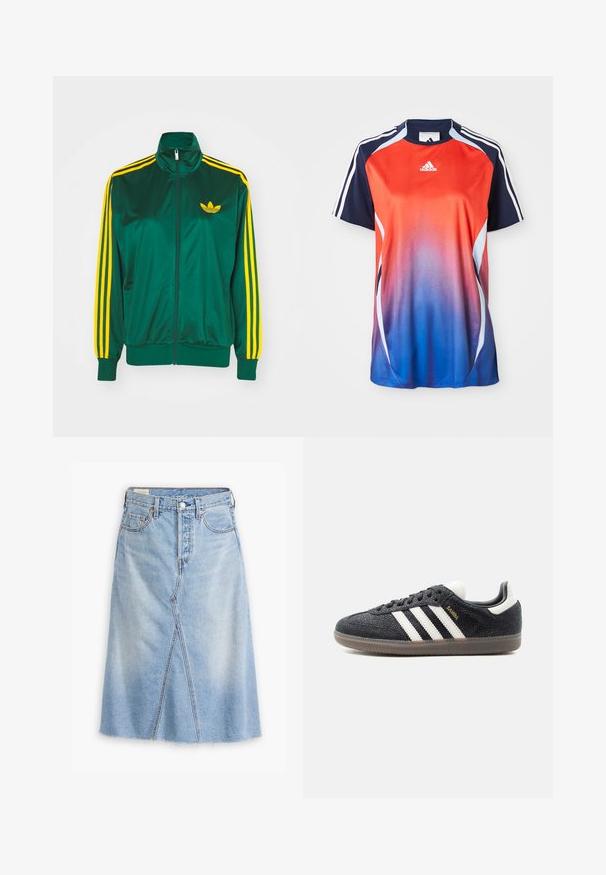 Grøn satin trackjakke, lynlåsfortil, høj krave, gul tre-stripes design på ærmerne og et lille gult logo på brystet.; Adidas kortærmet sports T-shirt med en gradient fra rød til blå, med marineblå akcenter og hvide striber langs skuldrene.; Lysblå denimnederdel med lige snit, frontspalte, filt kant, fem lommer og metalhardwaredetaljer.; Sort Adidas Samba sneaker med hvide striber, gumisål og guldfarvet "Samba" tekst på siden, vist fra venstre profil på ensfarvet baggrund.