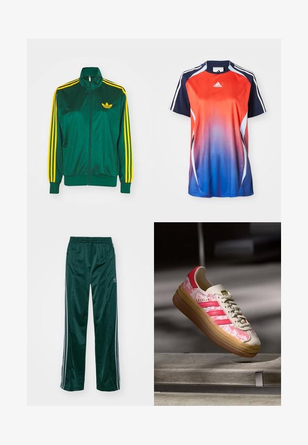 Groene satijnen trainingsjack, met rits aan de voorkant, hoge kraag, gele drie-strepen design op de mouwen en een klein geel logo op de borst.; Adidas sportshirt met korte mouwen, voorzien van een gradient van rood naar blauw, met marineblauwe accenten en witte strepen langs de schouders.; Donkergroene sportbroeken van glanzend materiaal, met zijstrepens in lichtgrijs en een geborduurd logo op het linkerbeen.; Roze-gepatroneerde sneaker met een zachte, off-white leren bovenkant, drie roze strepen en een zool van rubber met een gum uitstraling. Gouden branding op de tong.