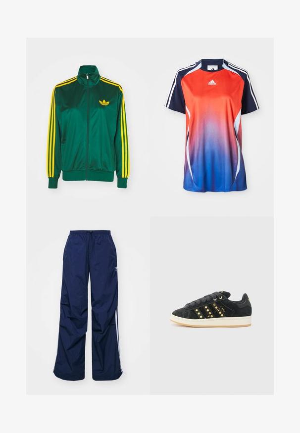 Grøn satin trackjakke, lynlåsfortil, høj krave, gul tre-stripes design på ærmerne og et lille gult logo på brystet.; Adidas kortærmet sports T-shirt med en gradient fra rød til blå, med marineblå akcenter og hvide striber langs skuldrene.; Marineblå, letvægtsbukser med elastik i taljen og snøre, med hvide sidelister og et lille logo foran. Løs pasform.; adidas Originals CAMPUS 00S W - Sneakers - core black/carbon/gold-coloured