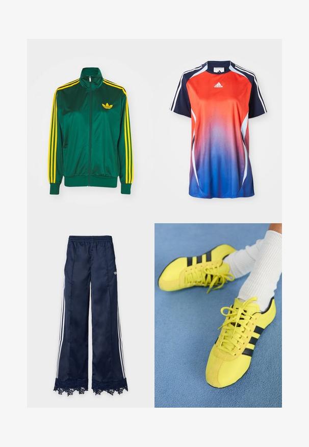 Zelená saténová tréningová bunda, predné zips, vysoký golier, žltý trojprúžkový dizajn na rukávoch a malé žlté logo na hrudi.; Adidas športová košeľa s krátkym rukávom s gradientom od červenej po modrú, s námorníckymi akcentmi a bielymi pruhmi pozdĺž ramien.; Tmavomodré široké tepláky s bielymi bočnými pásmi, elastickým pásom, logom adidas na bokoch a čipkovaným lemom.; Jasne žlté športové topánky s čiernymi pruhmi a šnúrkami; majú textúrovaný zvršok a semišové akcenty. Nosené s bielymi rebrovanými ponožkami.