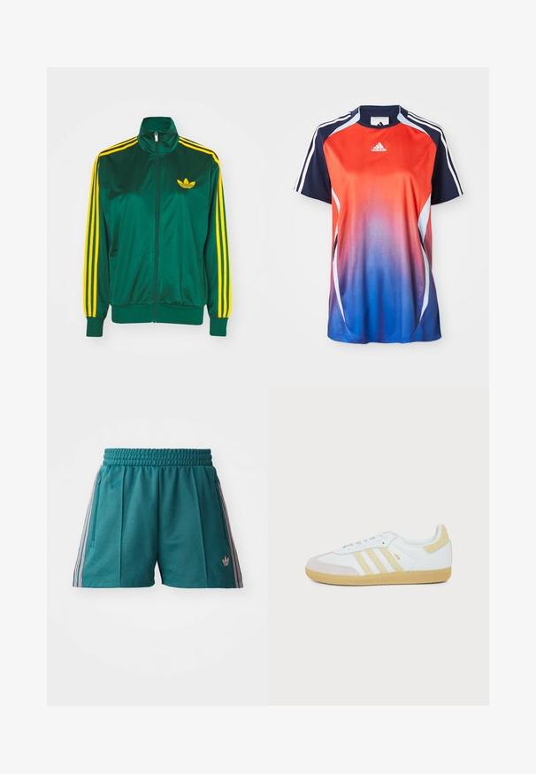 Roheline satiinist spordijakk, lukuga ees, kõrge kaelus, kollased kolm triipu disainis varrukatel ning väike kollane logo rinnal.; Adidase lühikeste varrukatega spordipluus, millel on punasest siniseks üleminek, tumesinised aktsendid ja valged triibud õlgade äärte ümber.; Teal sportlikud lühikesed püksid elastse vöökohtaga, millel on roosa ja valge triibuline külgaktsent, ning tõmblukuga küljetaskud. Logo alläärmisel.; Valge Adidas Samba toss beezhat värvi seemisnahast detailide, kolme tekstuurse triibu ja kummist tallaga, näidatud küljelt valgel taustal.