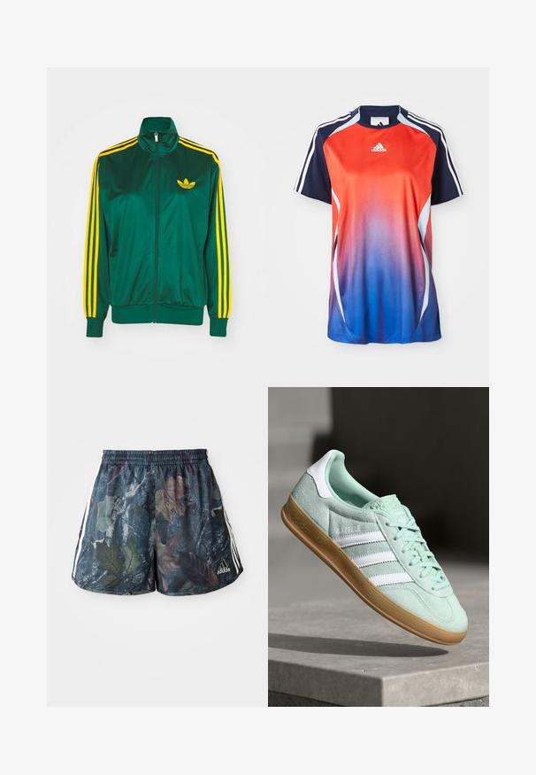 Zelená saténová tréningová bunda, predné zips, vysoký golier, žltý trojprúžkový dizajn na rukávoch a malé žlté logo na hrudi.; Adidas športová košeľa s krátkym rukávom s gradientom od červenej po modrú, s námorníckymi akcentmi a bielymi pruhmi pozdĺž ramien.; Pánske šortky s viacfarebným vzorom listov na tmavom pozadí, s elastickým pásom a bočnými pruhmi v bielej farbe.; Tenisky Adidas Gazelle v mätozelenej nubukovej koži s bielymi akcentmi, s viazaním a gumovou podrážkou. Obsahuje tri biele pruhy.