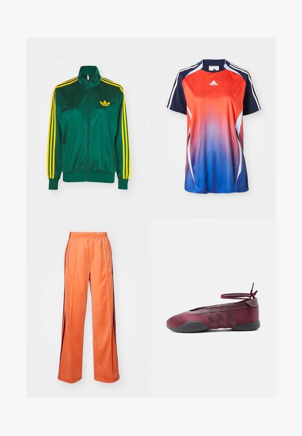 Grøn satin trackjakke, lynlåsfortil, høj krave, gul tre-stripes design på ærmerne og et lille gult logo på brystet.; Adidas kortærmet sports T-shirt med en gradient fra rød til blå, med marineblå akcenter og hvide striber langs skuldrene.; Orange atletiske bukser lavet af glat stof, med bred ben-design, elastisk talje og kontrasterende sidelændere.; Burgunderfarvet balletsko med sort sål, elastiske ankelstropper bundet i sløjfe og syninger på siderne, vist fra ydersiden.