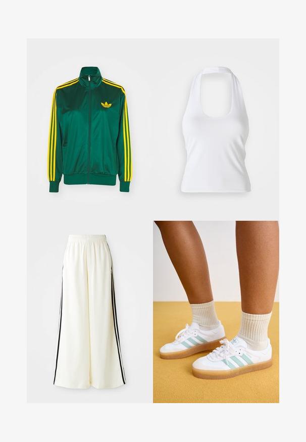 Grøn satin trackjakke, lynlåsfortil, høj krave, gul tre-stripes design på ærmerne og et lille gult logo på brystet.; Hvid halterneck top med scoop-udskæring, lavet af glat, strækbart stof. Har et minimalistisk design uden dekorative elementer eller mønstre.; Hvide løse bukser med elastisk talje og sorte lodrette striber langs yderseams.; Hvite sneakers med mintgrønne striber, gummisål og snørebånd, parret med ribbede cremefarvede sokker. Sat mod en gul baggrund.