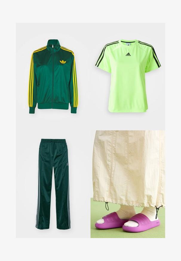 Grøn satin trackjakke, lynlåsfortil, høj krave, gul tre-stripes design på ærmerne og et lille gult logo på brystet.; Neon grøn atletisk t-shirt lavet af svedtransporterende stof. Har et sort tre-stripes design på skuldrene og logoet centreret på brystet.; Mørkegrønne træningsbukser lavet af skinnende materiale, med sidelister i lys grå og et broderet logo på venstre ben.; Lilla gummisandaler med et tekstureret bånddesign, båret over cremefarvede sokker, parret med en lys beige nederdel. Grønne gulv.