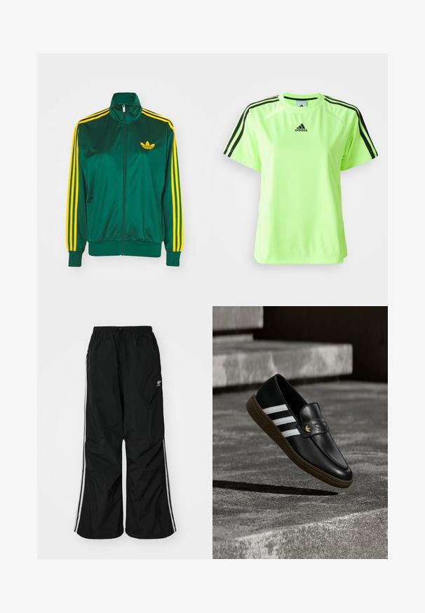 Grøn satin trackjakke, lynlåsfortil, høj krave, gul tre-stripes design på ærmerne og et lille gult logo på brystet.; Neon grøn atletisk t-shirt lavet af svedtransporterende stof. Har et sort tre-stripes design på skuldrene og logoet centreret på brystet.; Sorte vindjakke-bukser med elastisk talje, snøre, hvide side-striber, løs pasform og en lille logo på venstre side.; Sort læderloafer med hvide striber og brun sål, placeret oven på betonstrin, der kaster en skygge på jorden.
