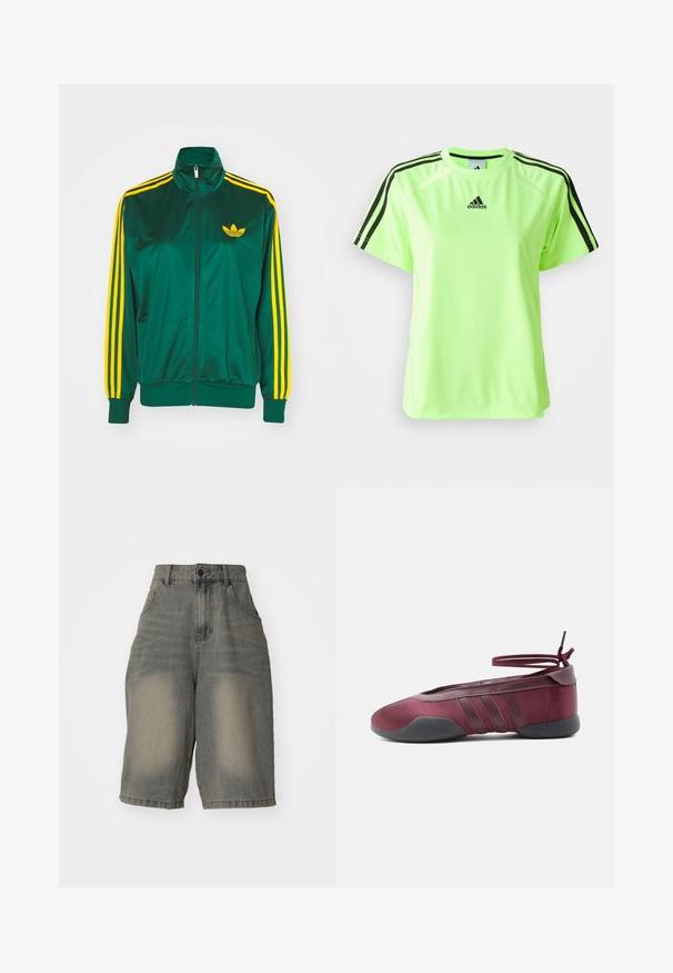 Roheline satiinist spordijakk, lukuga ees, kõrge kaelus, kollased kolm triipu disainis varrukatel ning väike kollane logo rinnal.; Neoon roheline spordipaita, mis on valmistatud niiskust eemaldasest kangast. Omab musta kolmega triibuga disaini õlgadel ja logo, mis on keskel rinnal.; Jaded London LIGHT WASH JUMBO JORTS - Lühikesed teksad - light wash; Bordoopunane ballerinarätt musta tallaga, elastsete pahkluurihmadega, mis on seotud lipsuks, ja külgedel õmmeldud detailidega, nähtud välisküljelt.