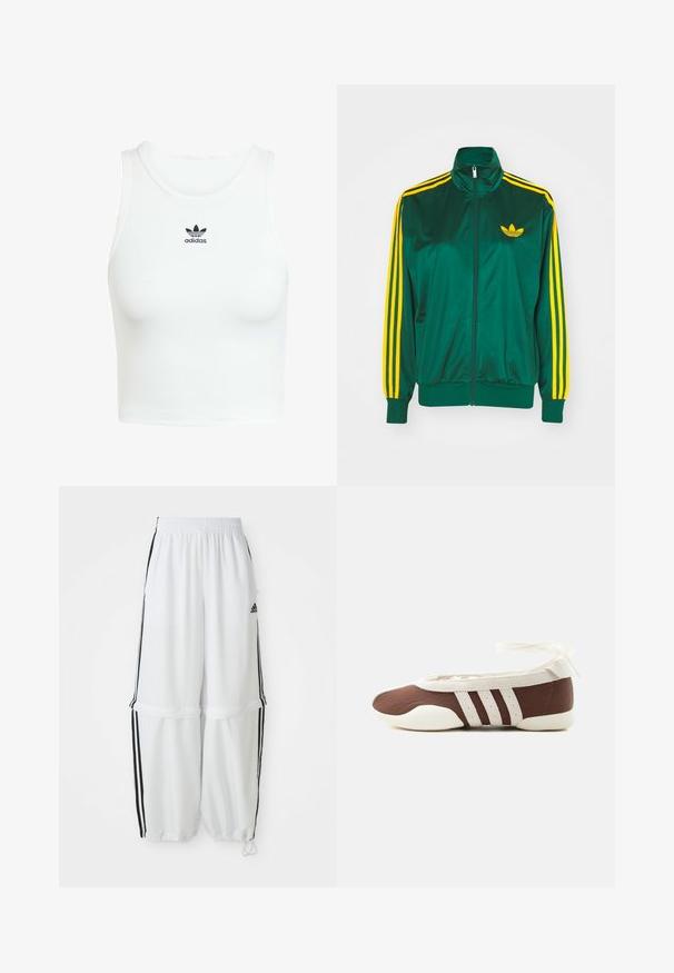 Grøn satin trackjakke, lynlåsfortil, høj krave, gul tre-stripes design på ærmerne og et lille gult logo på brystet.; Hvid bomulds-tanktop med en tætsiddende ribbet tekstur, rund halsudskæring og broderet sort Adidas-logo på forsiden.; Hvide sportbukser med en afslappet pasform, elastisk talje og sorte sidelæg. Har lynlåslommer og elastiske afslutninger ved anklerne.; Brun og hvid balletflad sko med tre hvide striber og ankelbånds sløjfe på en ensartet lys baggrund.