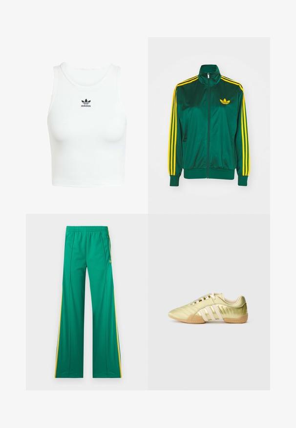 Grøn satin trackjakke, lynlåsfortil, høj krave, gul tre-stripes design på ærmerne og et lille gult logo på brystet.; Hvid bomulds-tanktop med en tætsiddende ribbet tekstur, rund halsudskæring og broderet sort Adidas-logo på forsiden.; Grønne træningsbukser med gule sidelommer, elastisk talje og lynlåslommer, vist fladt mod en hvid baggrund.; Limegrøn syntetisk sportssko med en glat tekstur, der har tre hvide striber, en blød indvendig foring og en tekstureret gummiydersål.