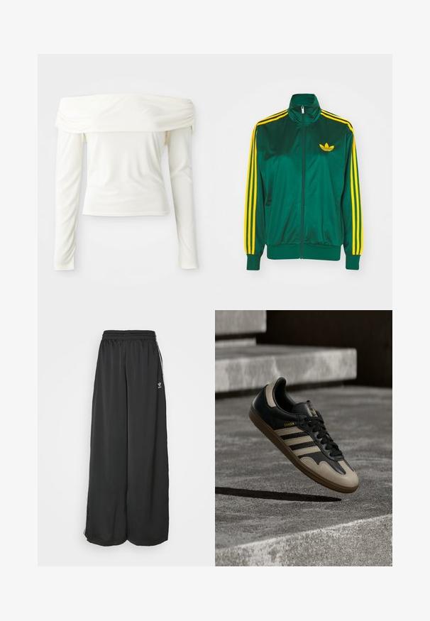 Chaqueta de pista satinada verde, con cremallera en la parte delantera, alto cuello, diseño de tres rayas amarillas en las mangas y un pequeño logo amarillo en el pecho.; Blusa de manga larga con los hombros al descubierto en color blanco crema, hecha de una tela suave con un corte ajustado y detalle fruncido en el escote.; Pantalones de chándal negros de corte holgado, fabricados en un tejido suave. Cuentan con una cintura elástica y rayas laterales con acentos de logo.; Zapatilla de cuero negra y beige con tres rayas blancas, suela de goma beige y detalles dorados "Samba" en el lateral.