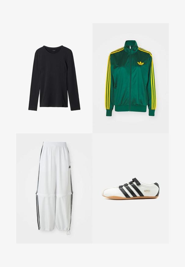 Veste de survêtement en satin vert, fermeture éclair devant, col haut, design à trois rayures jaunes sur les manches, et un petit logo jaune sur la poitrine.; T-shirt noir à manches longues en tissu doux, avec un col rond, un design simple et sans motifs ni embellissements visibles.; Pantalons de sport blancs avec une coupe décontractée, une taille élastique et des rayures noires sur les côtés. Équipés de poches avec fermeture éclair et de poignets élastiques aux chevilles.; Baskets Adidas Tokyo blanches avec des bandes noires, des sangles velcro noires et une semelle en gomme, présentées de profil sur un fond blanc.