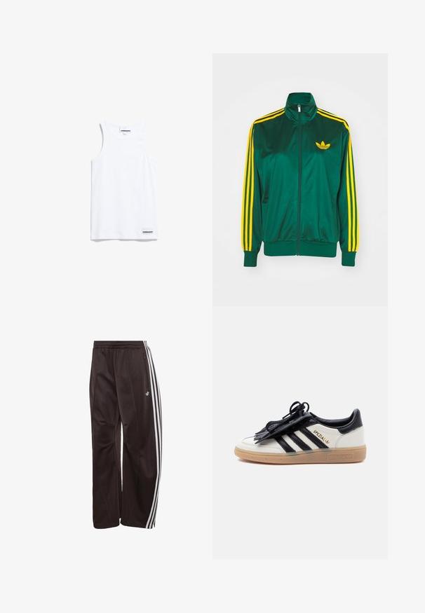 Groene satijnen trainingsjack, met rits aan de voorkant, hoge kraag, gele drie-strepen design op de mouwen en een klein geel logo op de borst.; Witte tanktop gemaakt van katoen. Voorzien van brede schouderbanden en een ronde halslijn. Inclusief een klein merkje aan de onderkant links.; Zwarte Adidas trainingsbroek met witte drie strepen langs de zijkanten, elastische tailleband, zijzak met rits en Adidas-logo op het linkerbeen.; Witte en zwarte Adidas Spezial sneaker met een gumzool, zwarte strepen en een zwarte veterhoes op een effen lichte achtergrond.