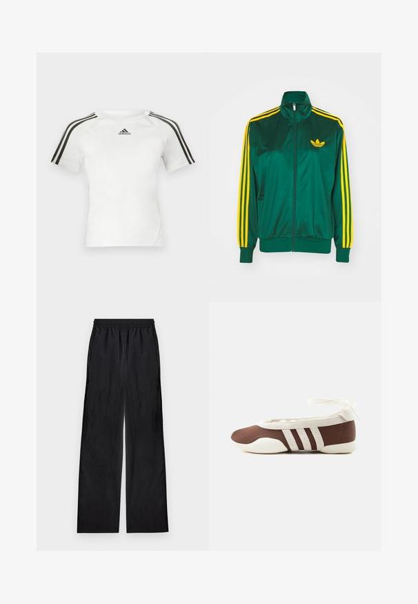 Groene satijnen trainingsjack, met rits aan de voorkant, hoge kraag, gele drie-strepen design op de mouwen en een klein geel logo op de borst.; Witte sport shirt met korte mouwen, voorzien van een zwart driekleurig ontwerp op de schouders, een gladde textuur en een klein zwart adidas-logo op de borst.; Zwarte wijde broek met elastische tailleband, gemaakt van lichtgewicht stof, plat gelegd op een lichte achtergrond.; Bruine en witte ballerinaschoenen met drie witte strepen en een strik om de enkel op een effen lichte achtergrond.