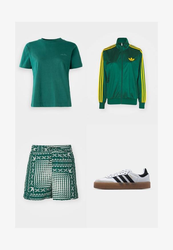 Groene satijnen trainingsjack, met rits aan de voorkant, hoge kraag, gele drie-strepen design op de mouwen en een klein geel logo op de borst.; Groene T-shirt met korte mouwen, gemaakt van zachte stof, met een ronde hals en een subtiele logoaccent op de voorkant.; Groene shorts met witte patronen, waaronder geometrische vormen en bloemmotieven. Voorzien van een trekkoord in de taille en een ontspannen pasvorm.; Witte leren sneakers met zwarte strepen, gumrubberen buitenzool, ronde neus, vetersluiting en een zachte grijze suède neuskap.