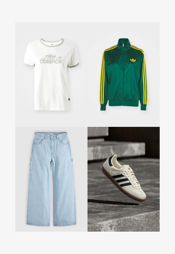 Groene satijnen trainingsjack, met rits aan de voorkant, hoge kraag, gele drie-strepen design op de mouwen en een klein geel logo op de borst.; Witte katoenen t-shirt met grijze afwerking, voorzien van een bloemenontwerp en de tekst "new balance" in lichtgroen. Korte mouwen, normale pasvorm.; Lichtblauwe denim jeans met wijde pijpen, voorzakken, riemlussen en zijlusjes voor gereedschap, plat gelegd op een grijze achtergrond.; Witte Adidas Samba sneaker met zwarte strepen en gumzool, zwevend boven gestructureerde grijze betonnen treden.