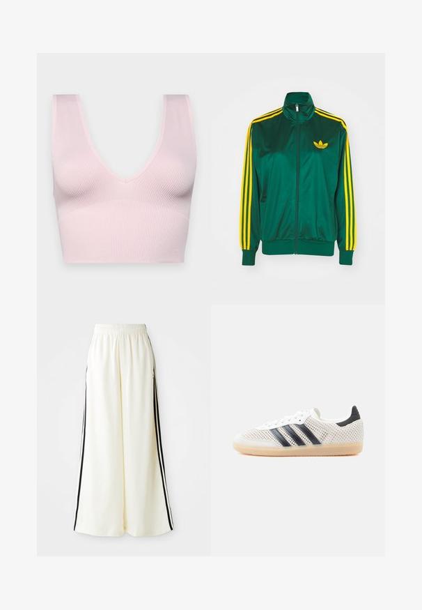 Grøn satin trackjakke, lynlåsfortil, høj krave, gul tre-stripes design på ærmerne og et lille gult logo på brystet.; Lyserød ribbet bh med V-udskæring og brede stropper. Fremstillet af blødt, strækbart materiale; sømløs konstruktion for komfort.; Hvide løse bukser med elastisk talje og sorte lodrette striber langs yderseams.; Hvide mesh-sneakers med sort tre-stribet design, rundet tå og gummisål. Har blød hælkant og snørelukning.