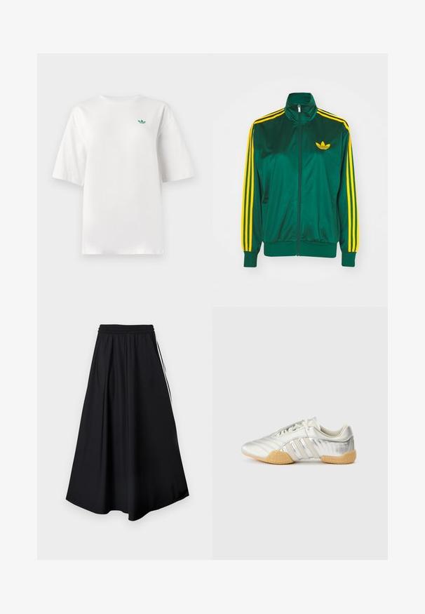 Chaqueta de pista satinada verde, con cremallera en la parte delantera, alto cuello, diseño de tres rayas amarillas en las mangas y un pequeño logo amarillo en el pecho.; Camiseta blanca de algodón, con mangas cortas y cuello redondo. Un pequeño logo verde está situado en la zona izquierda del pecho.; Pantalones negros de pierna ancha con cinturilla elástica y franjas blancas laterales, mostrados sobre un fondo blanco liso.; Zapatilla deportiva plateada con parte superior de cuero suave, suela de goma y detalles texturizados. Presenta un diseño curvado y cordones tonales.