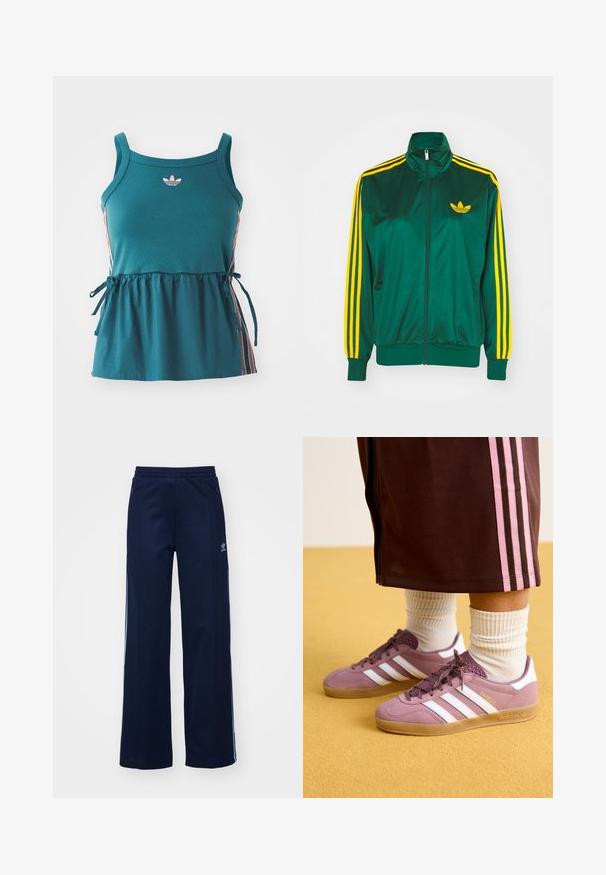 Groene satijnen trainingsjack, met rits aan de voorkant, hoge kraag, gele drie-strepen design op de mouwen en een klein geel logo op de borst.; Cyan mouwloze top met geplooide taille, roze zijkanten en geborduurd logo. Gemaakt van zachte stof met een losse pasvorm en strikaccenten.; Marineblauwe katoenen joggingsbroek met een brede pijpdesign, elastische tailleband en ritszakken, voorzien van witte zijstrepen en logo-detail.; Paarse suede sneakers met witte strepen, rubberen zool en gestructureerde accenten, gecombineerd met geribbelde witte sokken en een bruine trainingsbroek met roze strepen.