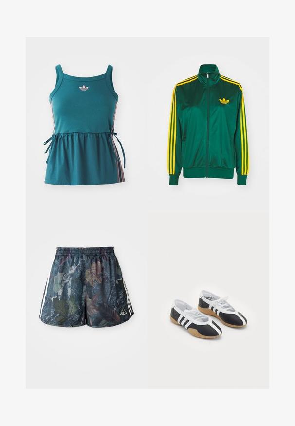 Veste de survêtement en satin vert, fermeture éclair devant, col haut, design à trois rayures jaunes sur les manches, et un petit logo jaune sur la poitrine.; Haut sans manches teal avec taille froncée, rayures latérales roses et logo brodé. Fabriqué en matériau doux avec une coupe décontractée et des accents à nouer.; Un short pour adulte avec un motif de feuilles multicolores sur fond sombre, doté d'une taille élastique et de rayures blanches sur les côtés.; Baskets de sport noir et blanc au design élégant, semelle en caoutchouc, fermeture à lacets et trois rayures blanches sur les côtés.