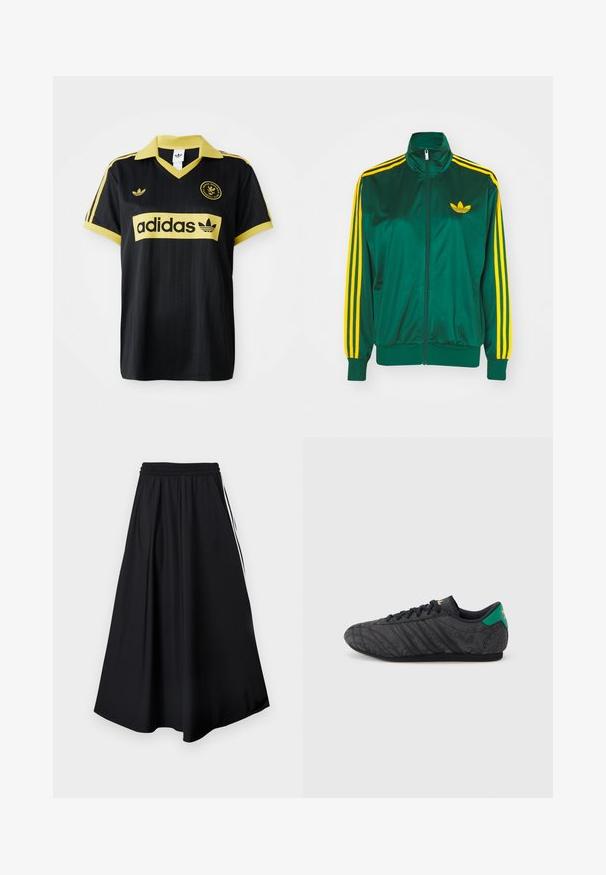 Veste de survêtement en satin vert, fermeture éclair devant, col haut, design à trois rayures jaunes sur les manches, et un petit logo jaune sur la poitrine.; Maillot de sport noir avec des accents jaunes, présentant un design rayé, un col en V, et le logo adidas affiché en évidence sur la poitrine.; Pantalon noir à jambes larges avec taille élastique et bandes blanches sur les côtés, présenté sur un fond blanc uni.; Baskets noires à profil bas avec un motif floral subtil, lacets noirs, languette de talon verte et logo doré sur la languette et le talon.