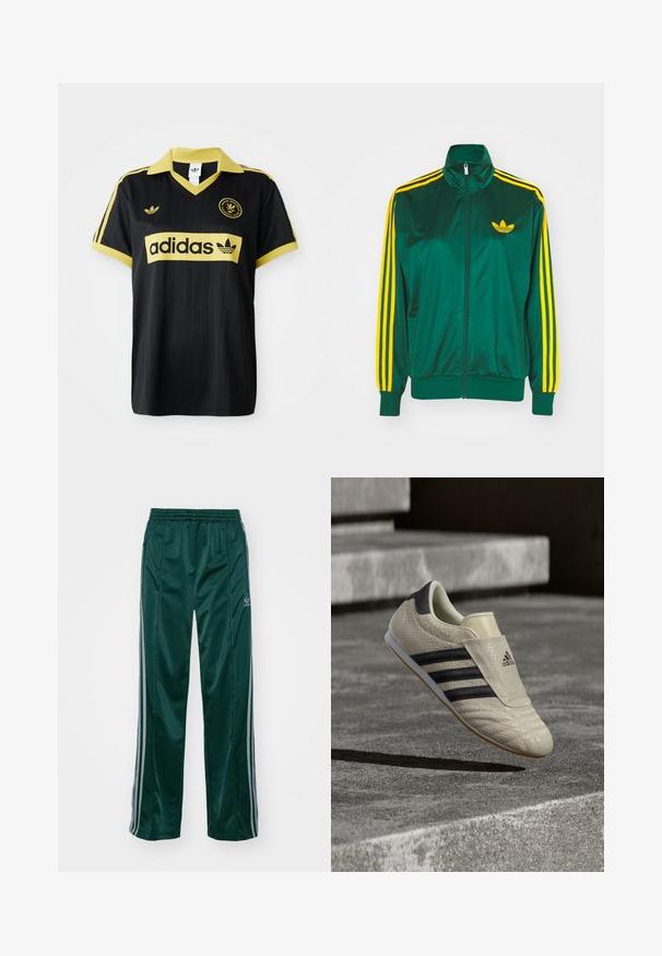 Groene satijnen trainingsjack, met rits aan de voorkant, hoge kraag, gele drie-strepen design op de mouwen en een klein geel logo op de borst.; Zwarte sporttrui met gele accenten, voorzien van een gestreept ontwerp, een V-hals kraag en het adidas-logo dat prominent op de borst is weergegeven.; Donkergroene sportbroeken van glanzend materiaal, met zijstrepens in lichtgrijs en een geborduurd logo op het linkerbeen.; Beige sportschoen met een gestructureerd bovenwerk, zwart ontwerp met drie strepen en een platte rubberen zool. Heeft een opvouwbare klep over de veters.