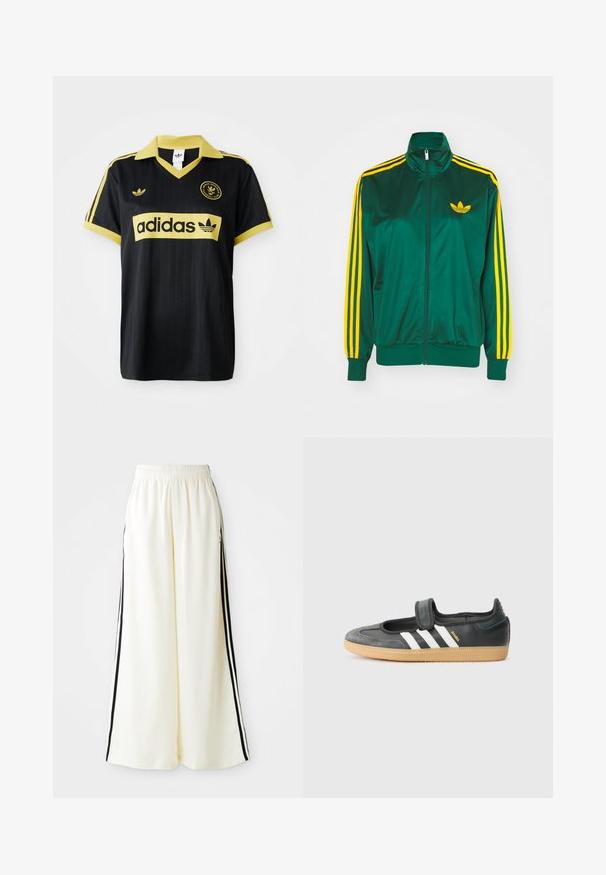 Groene satijnen trainingsjack, met rits aan de voorkant, hoge kraag, gele drie-strepen design op de mouwen en een klein geel logo op de borst.; Zwarte sporttrui met gele accenten, voorzien van een gestreept ontwerp, een V-hals kraag en het adidas-logo dat prominent op de borst is weergegeven.; Witte wijde broek met elastische tailleband en zwarte verticale strepen langs de buitennaad.; Zwarte leren en suède sneaker met een klittenbandsluiting, voorzien van drie witte strepen en een gumzool, met de naam "SAMBA" aan de zijkant.
