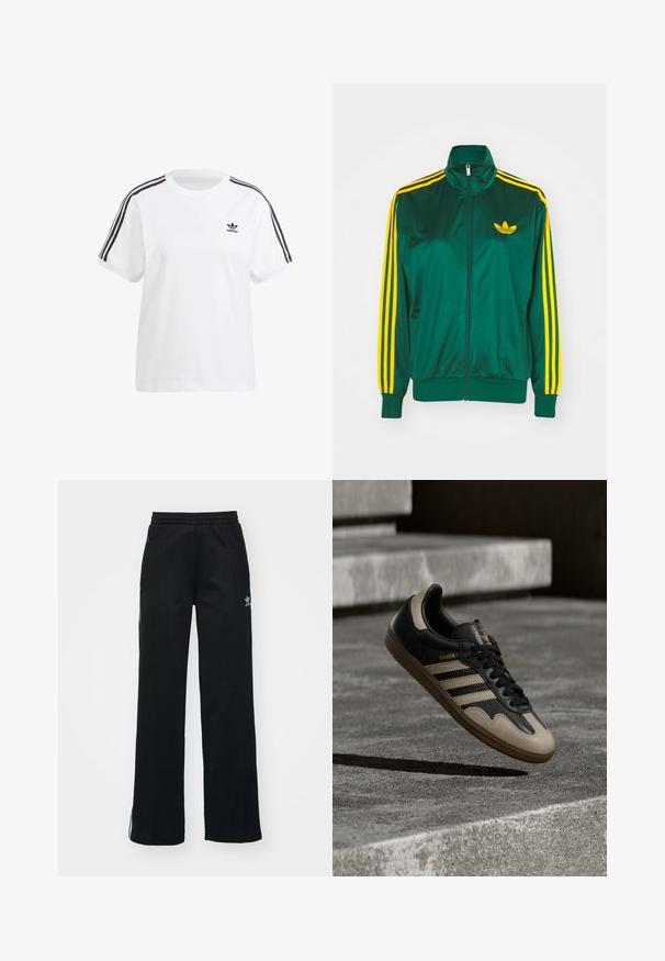 Groene satijnen trainingsjack, met rits aan de voorkant, hoge kraag, gele drie-strepen design op de mouwen en een klein geel logo op de borst.; Witte katoenen t-shirt met korte mouwen, een ronde hals en zwarte verticale strepen op de schouders, met een klein zwart logo op de borst.; Zwarte sportbroek met een relaxte pasvorm, een trekkoord in de taille, zijzakken met rits en subtiele witte branding op het linkerbeen.; Zwarte en beige leren sneaker met drie witte strepen, een beige rubberen zool en gouden "Samba"-details aan de zijkant.