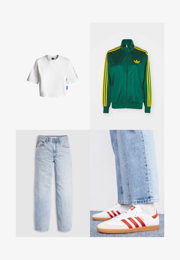 Grøn satin trackjakke, lynlåsfortil, høj krave, gul tre-stripes design på ærmerne og et lille gult logo på brystet.; Hvid cropped T-shirt lavet af bomuld, med korte ærmer, en rund hals og et blåt mærke på siden. Tekst på ærmet i rød.; Lyseblå denimjeans med høj talje, afslappet pasform, lige ben og et klassisk design med fem lommer. Synlige falmede detaljer og syninger.; Hvide lædersneakers med røde striber og accenter. Har en tekstureret gummisål og polstret krave. Bæres med lyseblå denim.
