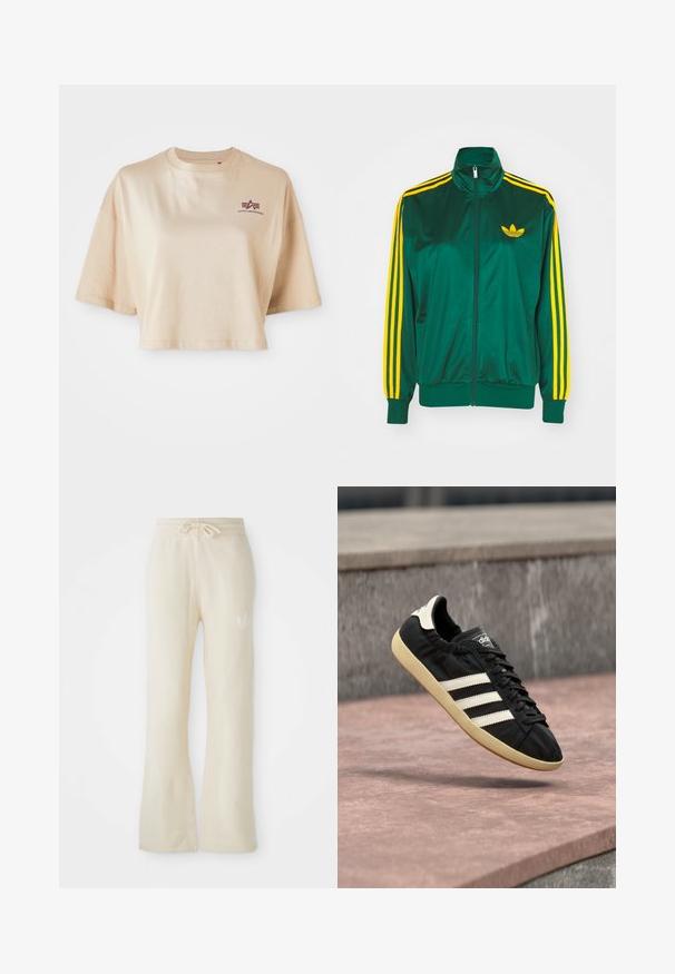 Grøn satin trackjakke, lynlåsfortil, høj krave, gul tre-stripes design på ærmerne og et lille gult logo på brystet.; Beige cropped t-shirt lavet af bomuld, med korte ærmer, en rund halsudskæring og et maroon logo grafik på venstre bryst.; Cremefarvede sweatpants med en blød tekstur, featuring en snoretræk i taljen og flair ben. Diskret logo detalje på venstre hofte.; Sort Adidas sneaker med hvide striber og beige sål, fanget i luften over en stenet overflade og baggrund af en stenmur.