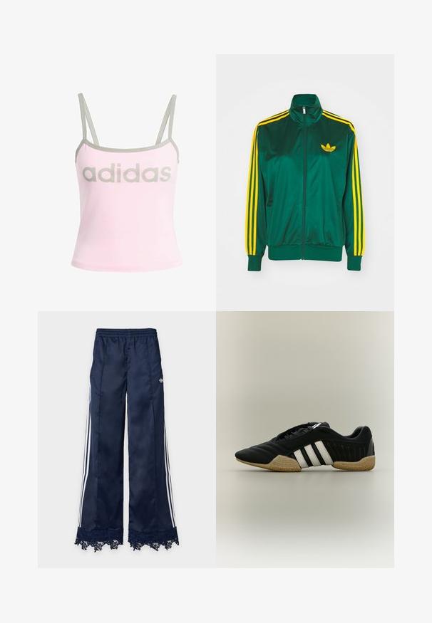 Groene satijnen trainingsjack, met rits aan de voorkant, hoge kraag, gele drie-strepen design op de mouwen en een klein geel logo op de borst.; Lichtroze tanktop met grijze details en verstelbare spaghettibandjes, met een groot, gecentreerd grijs "adidas" logo. Katoenen materiaal.; Marineblauwe trainingsbroek met wijde pijpen, witte zijstrepen, elastische tailleband, adidas-logo op de heup en kantafwerking aan de zoom.; Zwart sportief schoen met witte strepen en beige getextureerde zool op een neutrale achtergrond, weergegeven in zijprofiel.